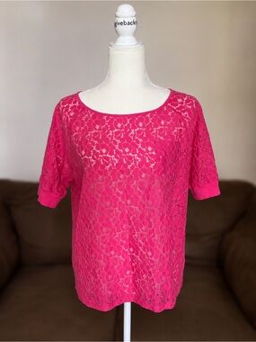 Jones New York Hot Pink Floral Lace Top Size L Drop Shoulder